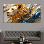 Majestic Lion Face with Flowing Gold and Sapphire Waves 3D Canvas Wall Painting