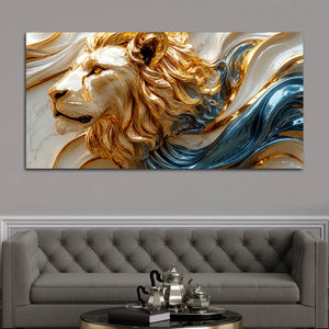 Majestic Lion Face with Flowing Gold and Sapphire Waves 3D Canvas Wall Painting