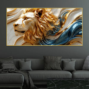 Majestic Lion Face with Flowing Gold and Sapphire Waves 3D Canvas Wall Painting