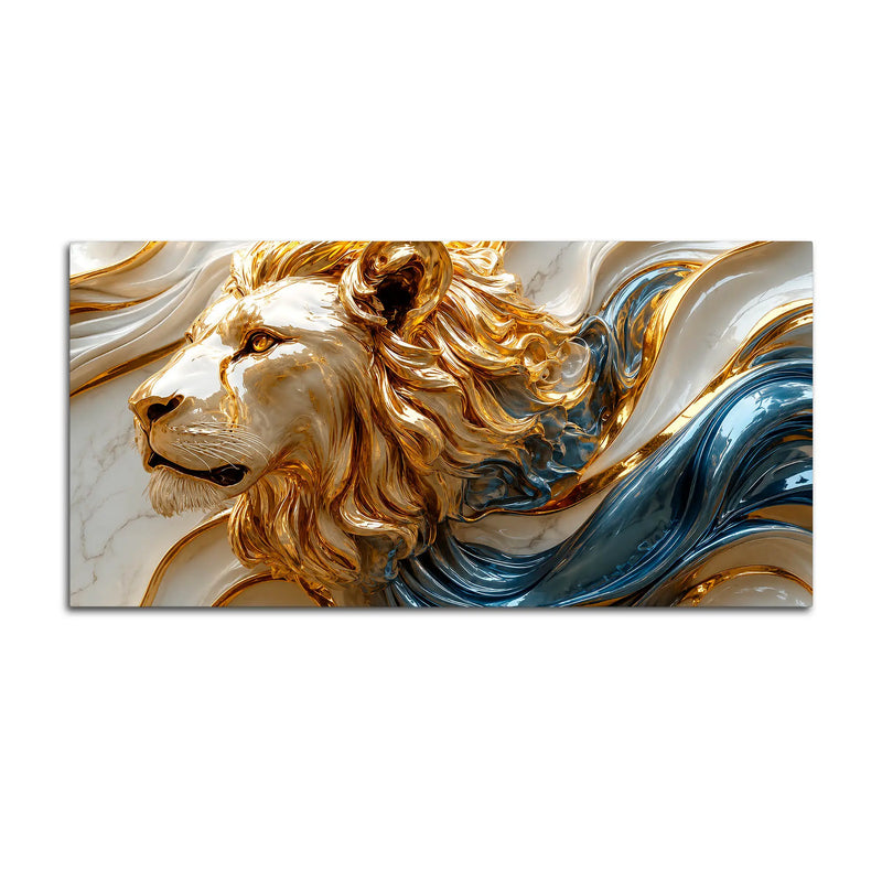 Majestic Lion Face with Flowing Gold and Sapphire Waves 3D Canvas Wall Painting
