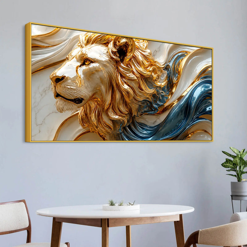 Majestic Lion Face with Flowing Gold and Sapphire Waves 3D Canvas Wall Painting