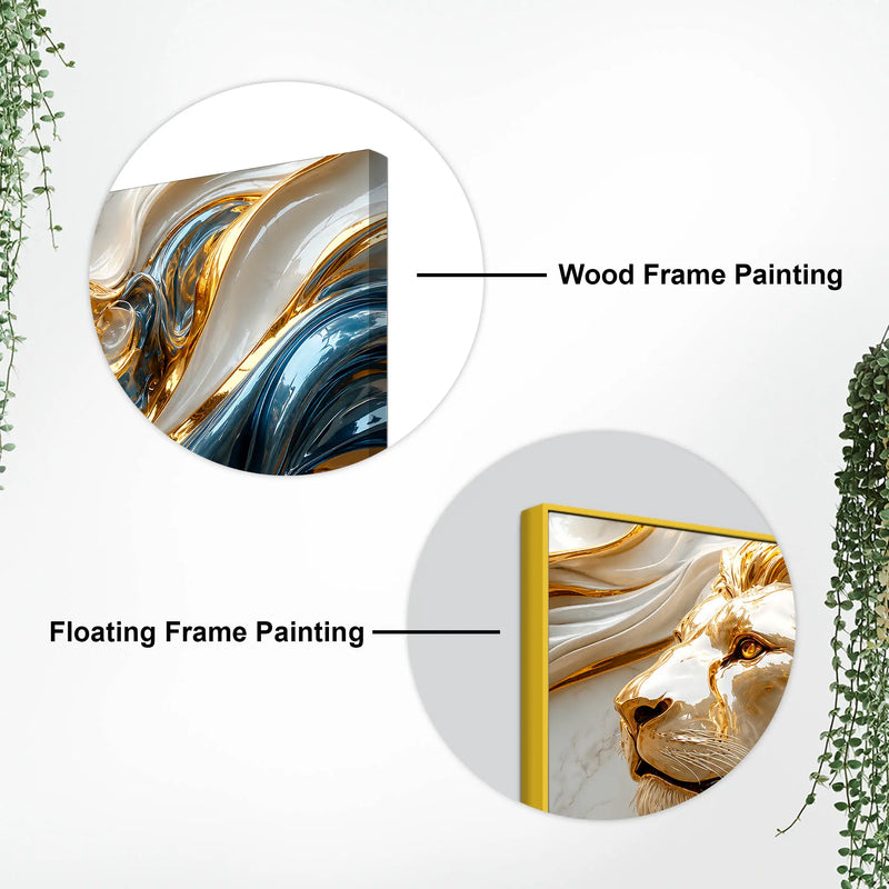 Majestic Lion Face with Flowing Gold and Sapphire Waves 3D Canvas Wall Painting