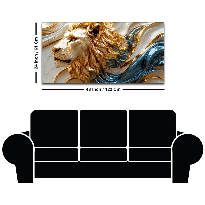 Majestic Lion Face with Flowing Gold and Sapphire Waves 3D Canvas Wall Painting