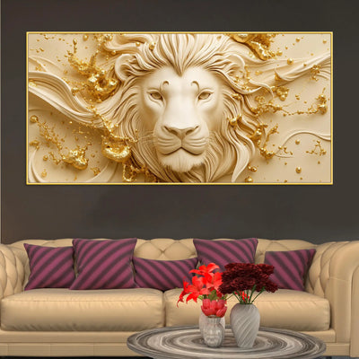 Majestic Lion Face with Golden Abstract Waves 3D Canvas Wall Painting