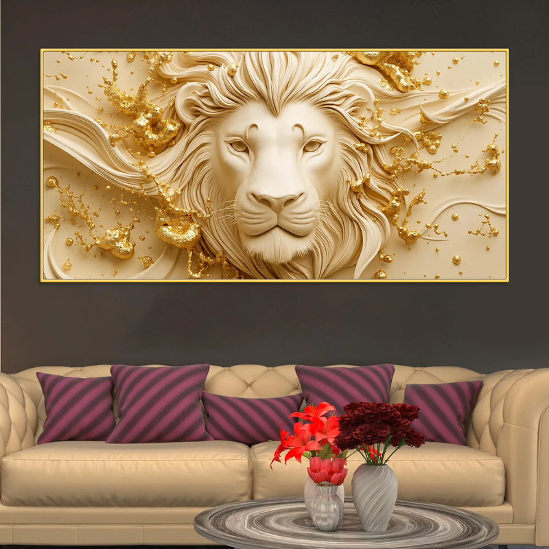 Majestic Lion Face with Golden Abstract Waves 3D Canvas Wall Painting