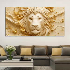 Majestic Lion Face with Golden Abstract Waves 3D Canvas Wall Painting
