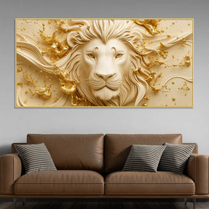 Majestic Lion Face with Golden Abstract Waves 3D Canvas Wall Painting