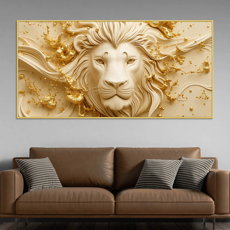Majestic Lion Face with Golden Abstract Waves 3D Canvas Wall Painting