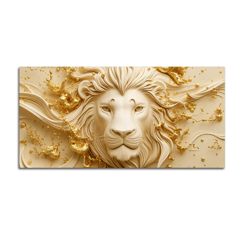 Majestic Lion Face with Golden Abstract Waves 3D Canvas Wall Painting