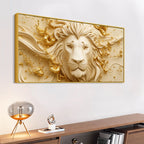 Majestic Lion Face with Golden Abstract Waves 3D Canvas Wall Painting
