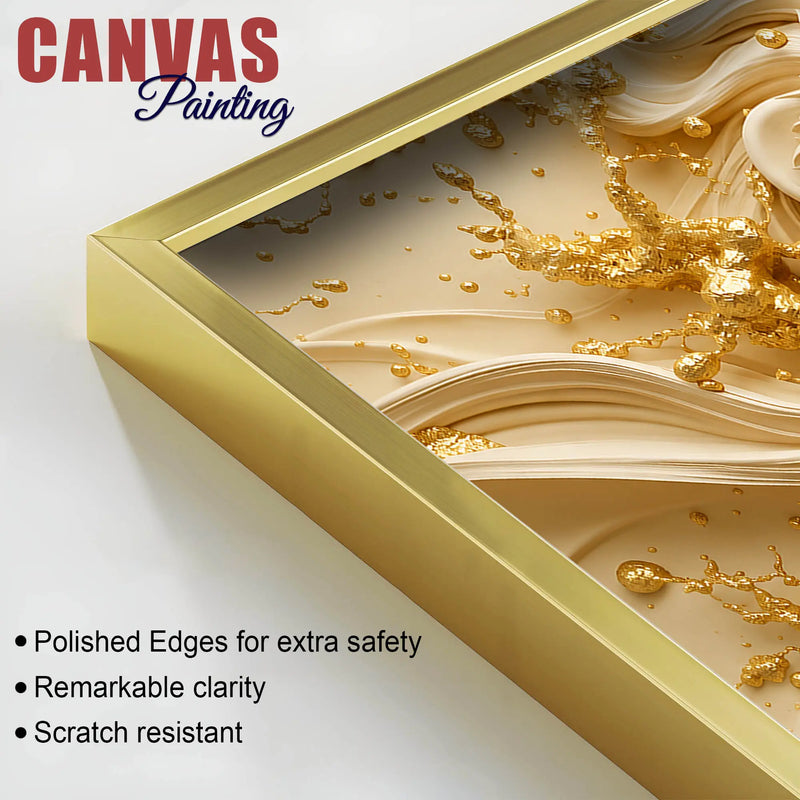Majestic Lion Face with Golden Abstract Waves 3D Canvas Wall Painting