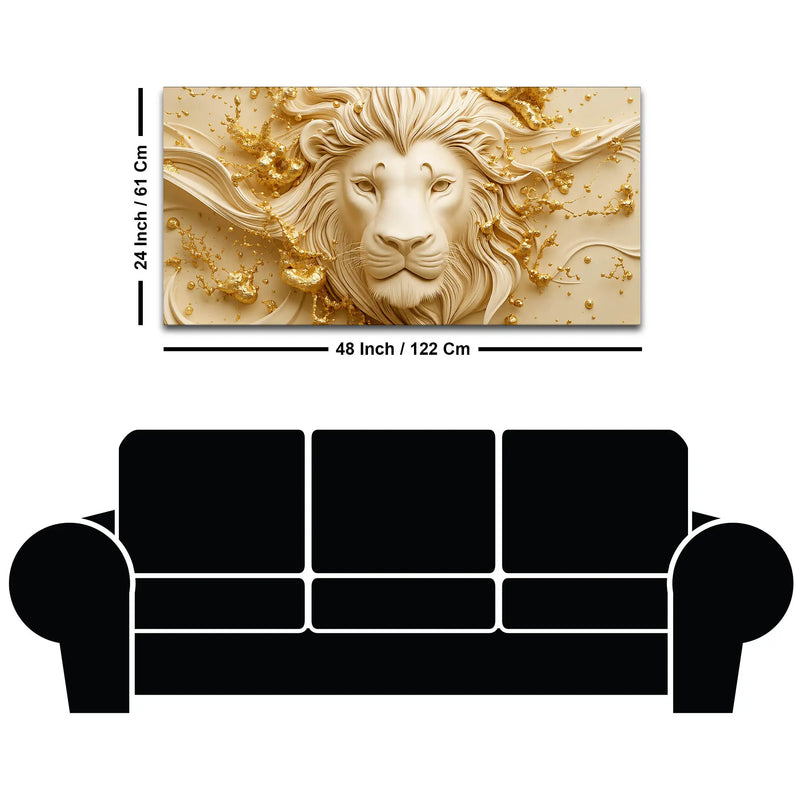 Majestic Lion Face with Golden Abstract Waves 3D Canvas Wall Painting