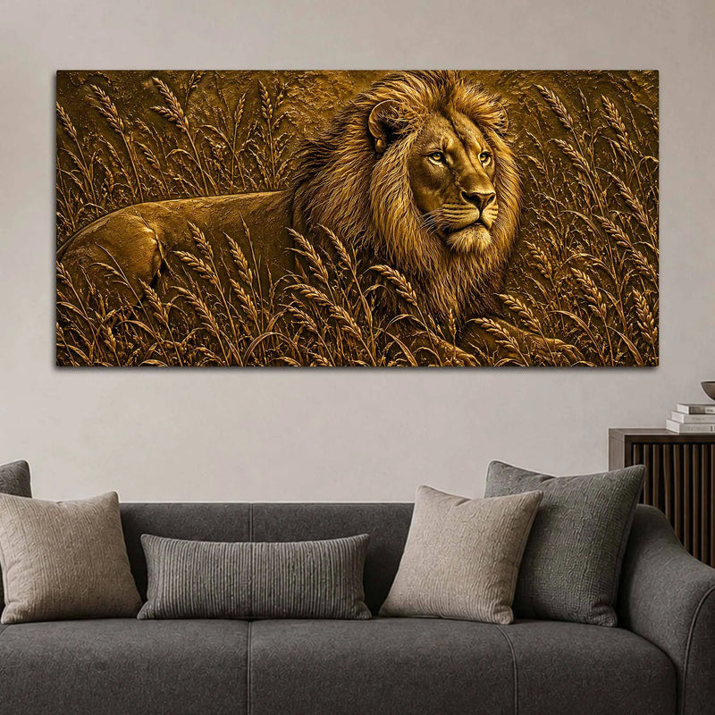 Majestic Lion in Grassland Metallic Look 3D Canvas Wall Painting