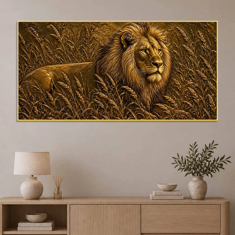 Majestic Lion in Grassland Metallic Look 3D Canvas Wall Painting