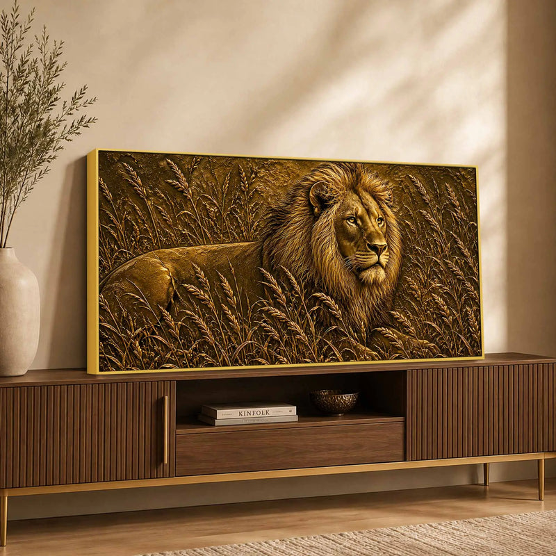 Majestic Lion in Grassland Metallic Look 3D Canvas Wall Painting