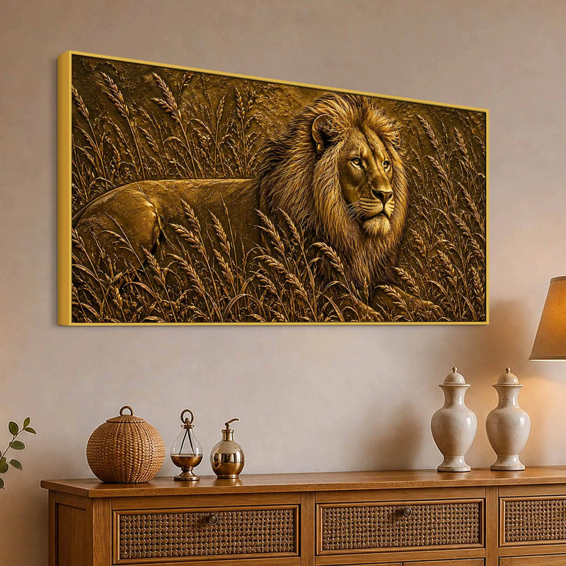 Majestic Lion in Grassland Metallic Look 3D Canvas Wall Painting
