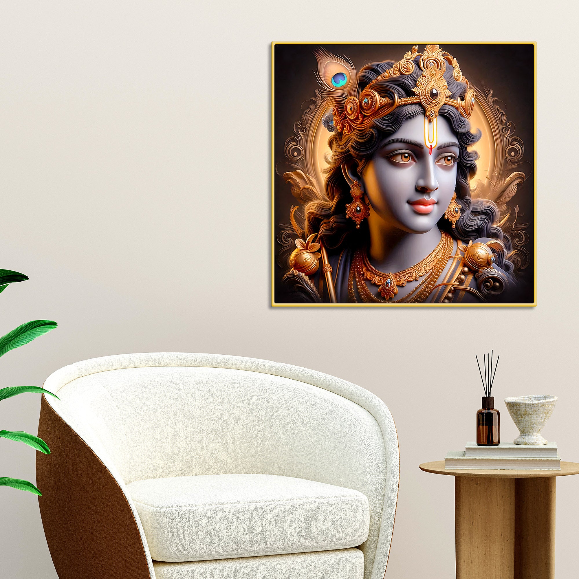 Majestic Lord Krishna Royal Portrait Art Canvas Wall Painting For Home & Office