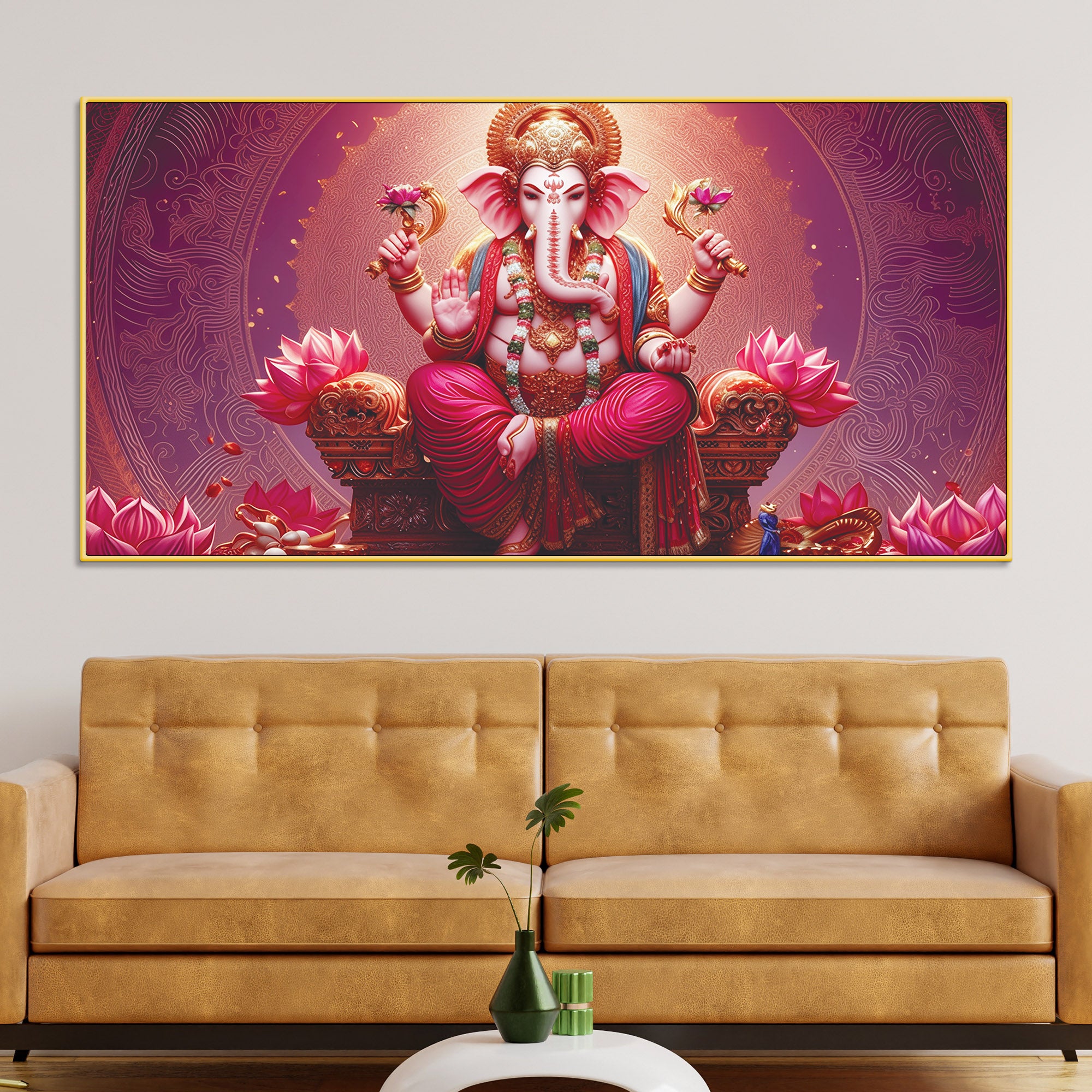 Majestic Lord Shri Ganesha Sitted on Lotus Throne Canvas Wall Painting Pink Themed – Spiritual Wall Art for Home Décor