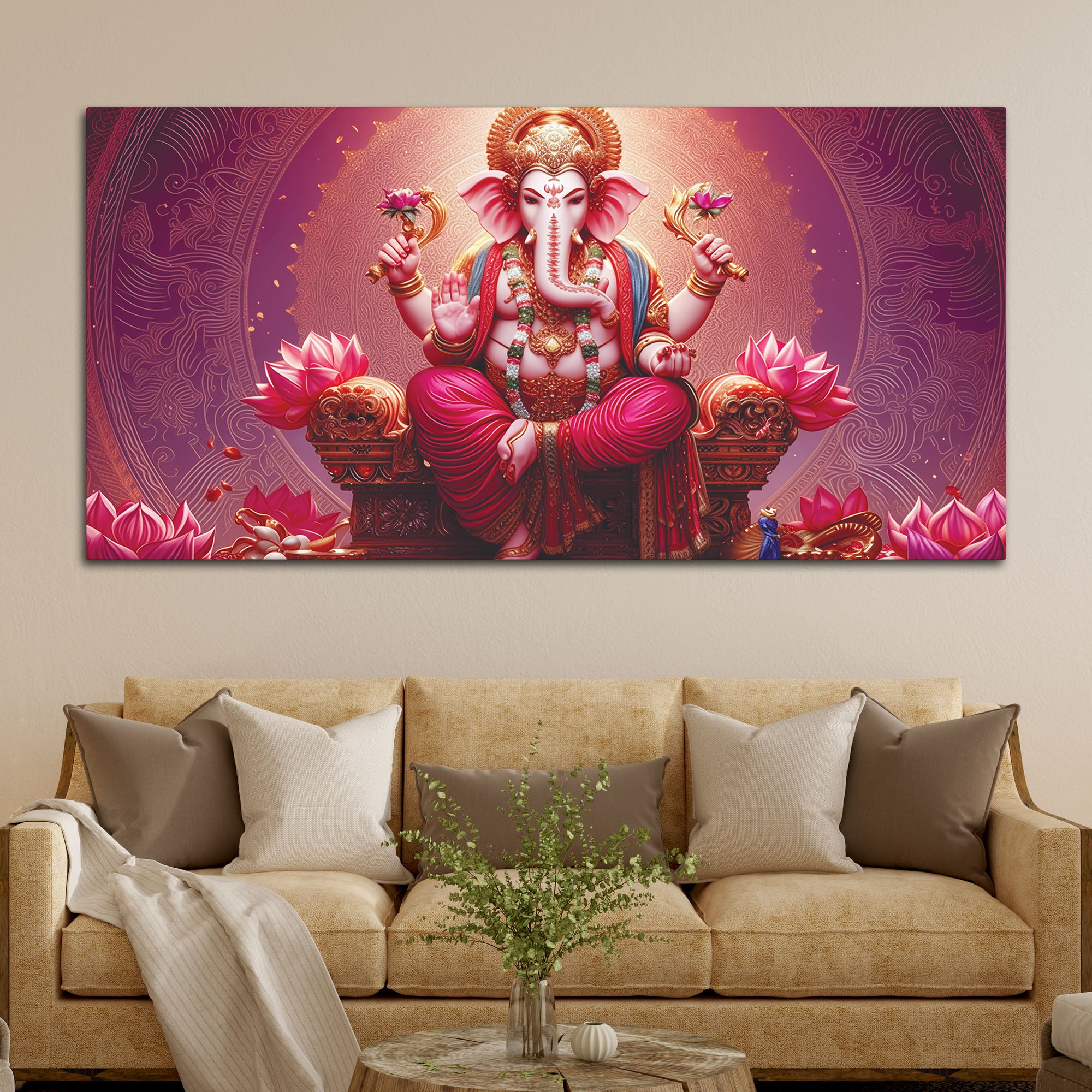 Majestic Lord Shri Ganesha Sitted on Lotus Throne Canvas Wall Painting Pink Themed – Spiritual Wall Art for Home Décor