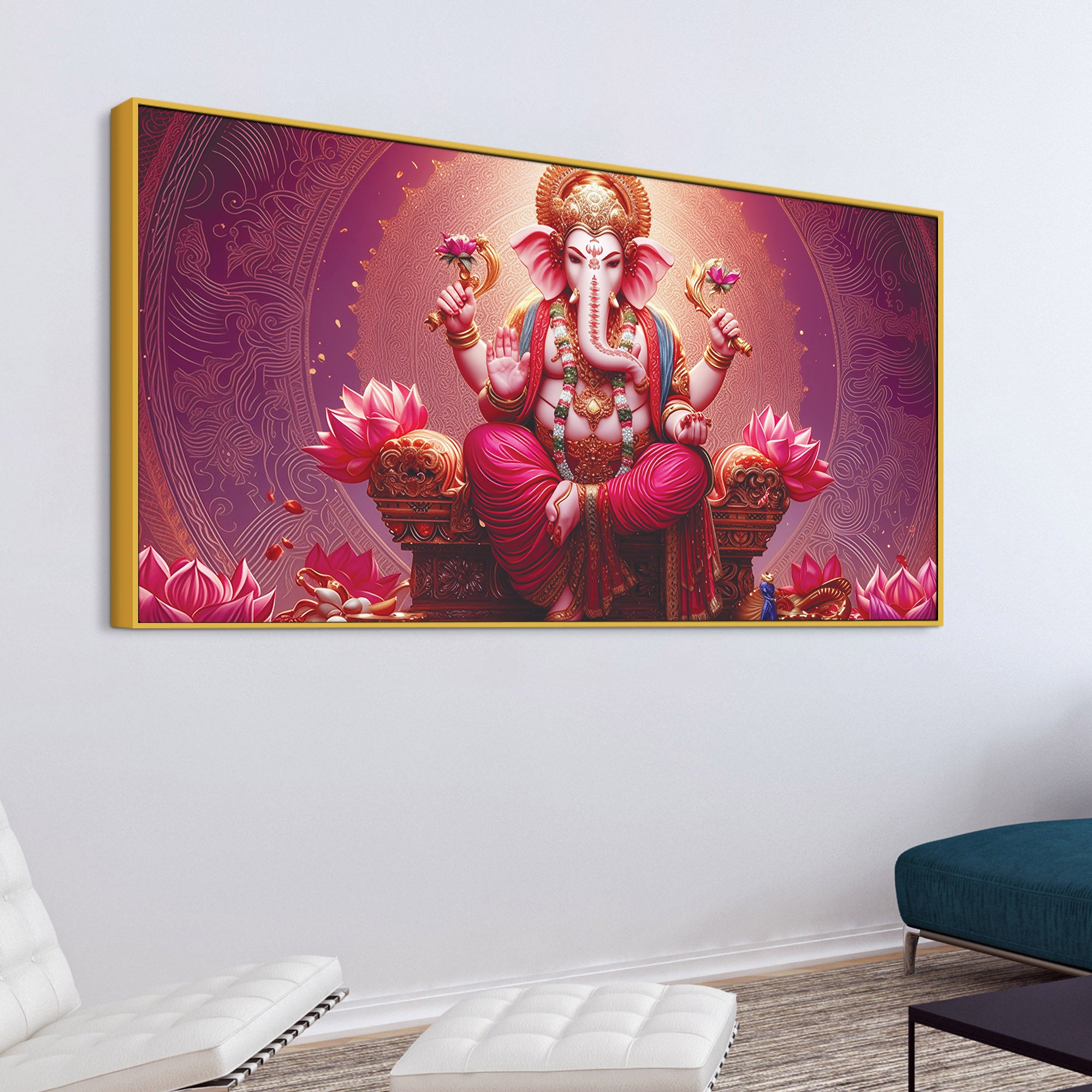 Majestic Lord Shri Ganesha Sitted on Lotus Throne Canvas Wall Painting Pink Themed – Spiritual Wall Art for Home Décor