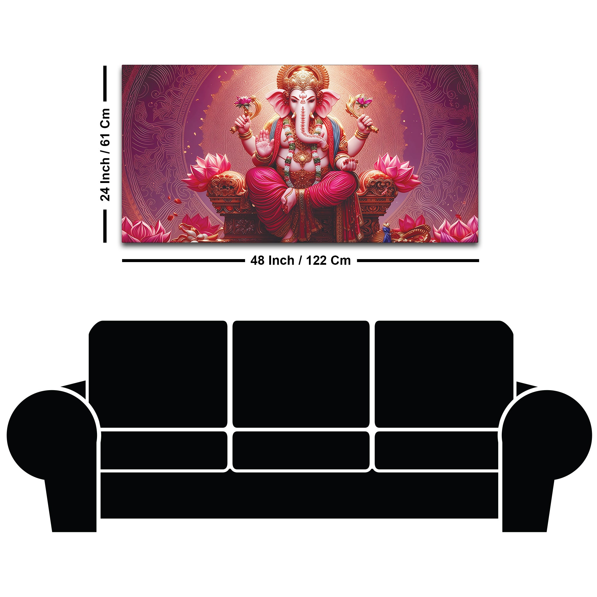 Majestic Lord Shri Ganesha Sitted on Lotus Throne Canvas Wall Painting Pink Themed – Spiritual Wall Art for Home Décor