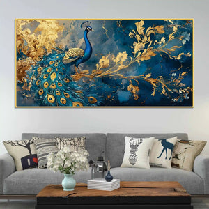 Majestic Peacock in Golden Bloom Canvas Wall Painting