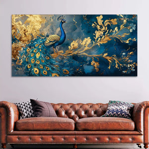 Majestic Peacock in Golden Bloom Canvas Wall Painting