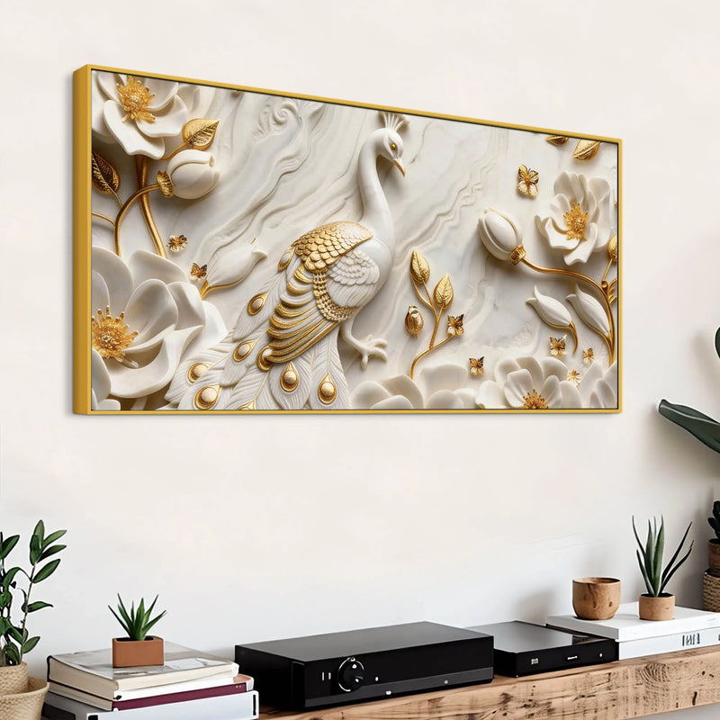 Majestic Peacock in Golden Garde 3D Canvas Wall Painting