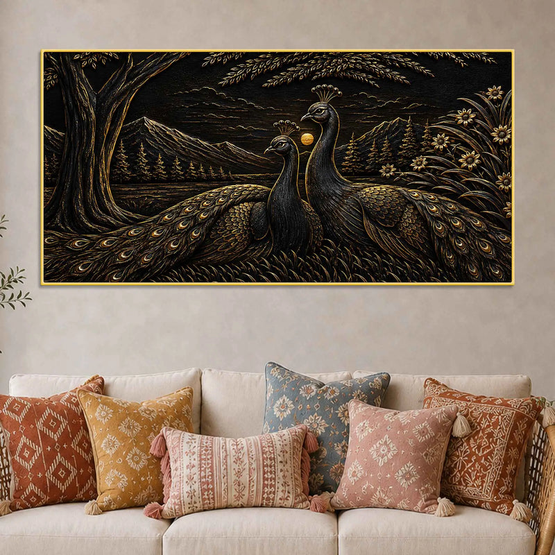 Majestic Peacock Pair in Nature Metallic Look 3D Canvas Wall Painting