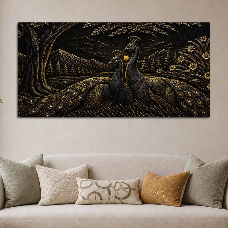 Majestic Peacock Pair in Nature Metallic Look 3D Canvas Wall Painting