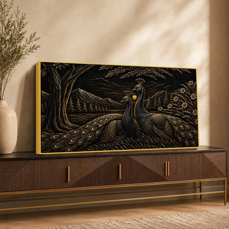 Majestic Peacock Pair in Nature Metallic Look 3D Canvas Wall Painting