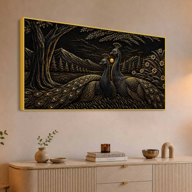 Majestic Peacock Pair in Nature Metallic Look 3D Canvas Wall Painting