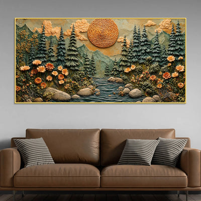 Majestic Pine Forest with Mountain River & Golden Sun 3D Canvas Wall Painting