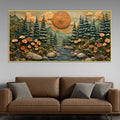 Majestic Pine Forest with Mountain River & Golden Sun 3D Canvas Wall Painting
