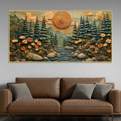 Majestic Pine Forest with Mountain River & Golden Sun 3D Canvas Wall Painting