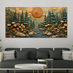 Majestic Pine Forest with Mountain River & Golden Sun 3D Canvas Wall Painting
