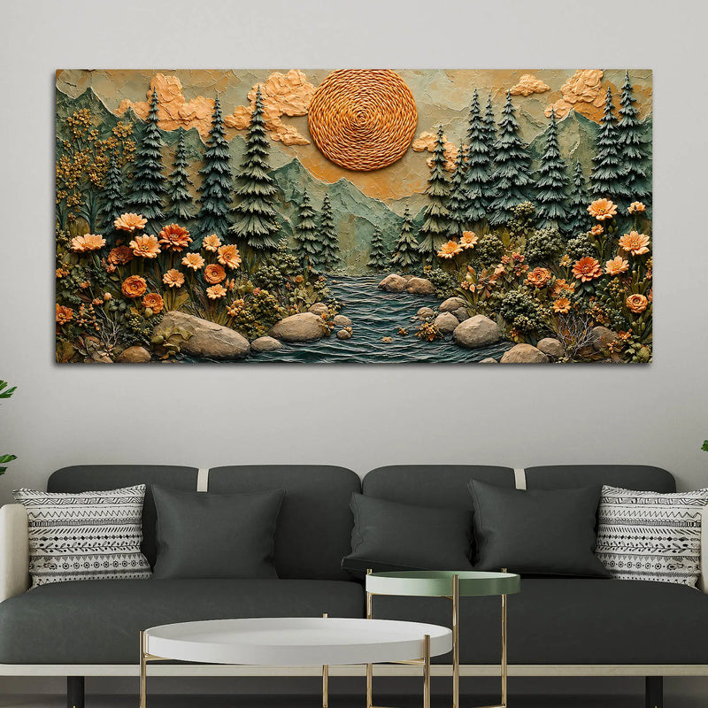 Majestic Pine Forest with Mountain River & Golden Sun 3D Canvas Wall Painting