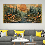 Majestic Pine Forest with Mountain River & Golden Sun 3D Canvas Wall Painting