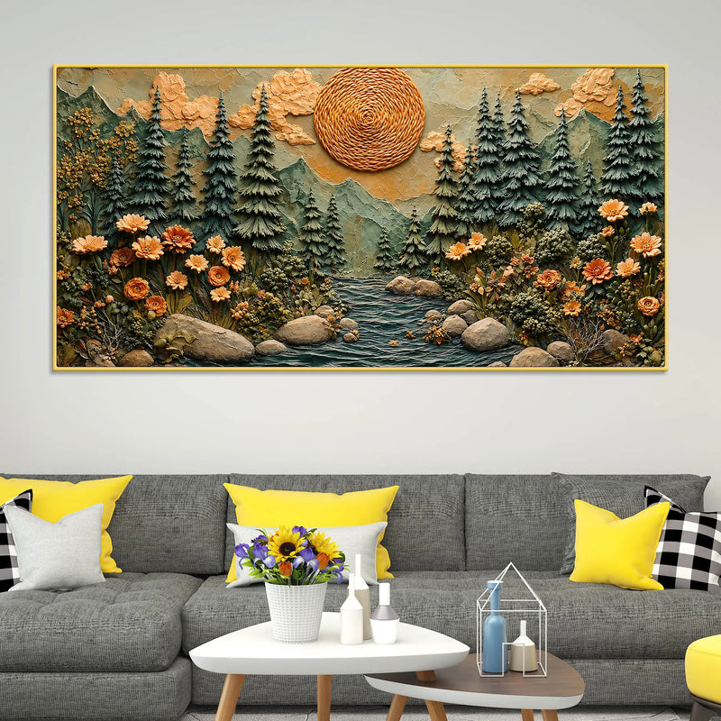 Majestic Pine Forest with Mountain River & Golden Sun 3D Canvas Wall Painting