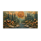 Majestic Pine Forest with Mountain River & Golden Sun 3D Canvas Wall Painting