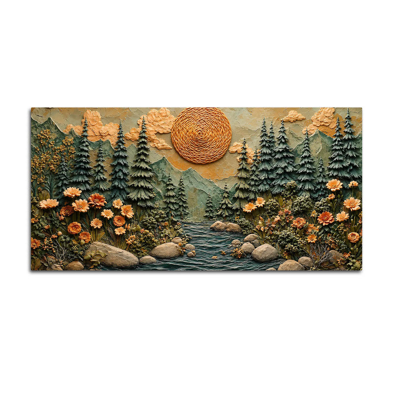 Majestic Pine Forest with Mountain River & Golden Sun 3D Canvas Wall Painting