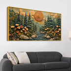 Majestic Pine Forest with Mountain River & Golden Sun 3D Canvas Wall Painting