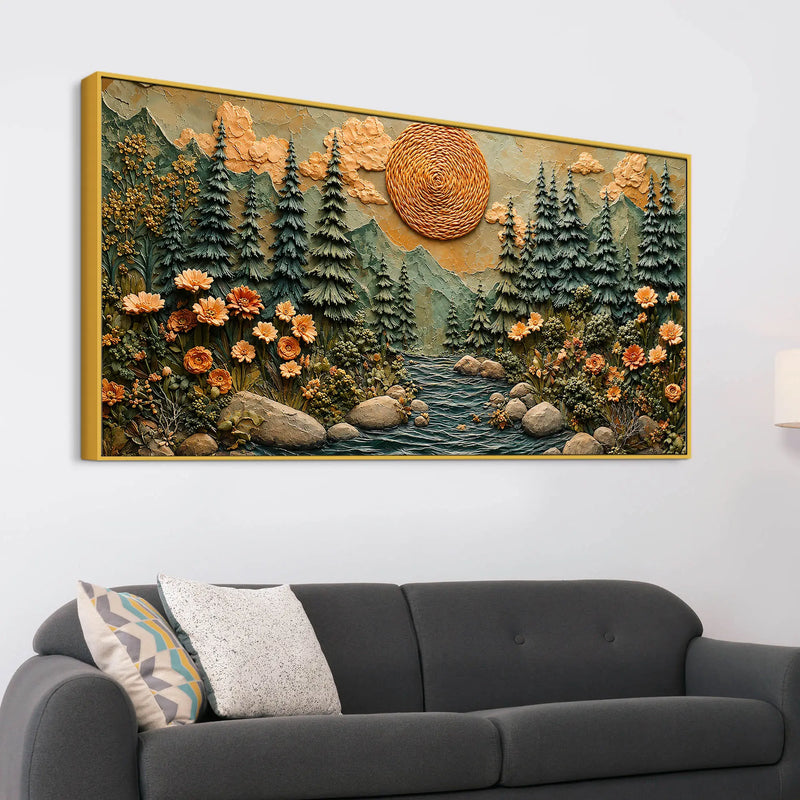 Majestic Pine Forest with Mountain River & Golden Sun 3D Canvas Wall Painting