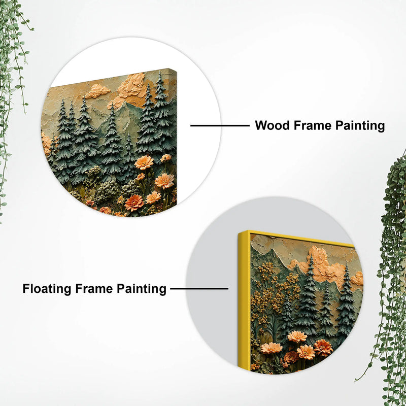 Majestic Pine Forest with Mountain River & Golden Sun 3D Canvas Wall Painting