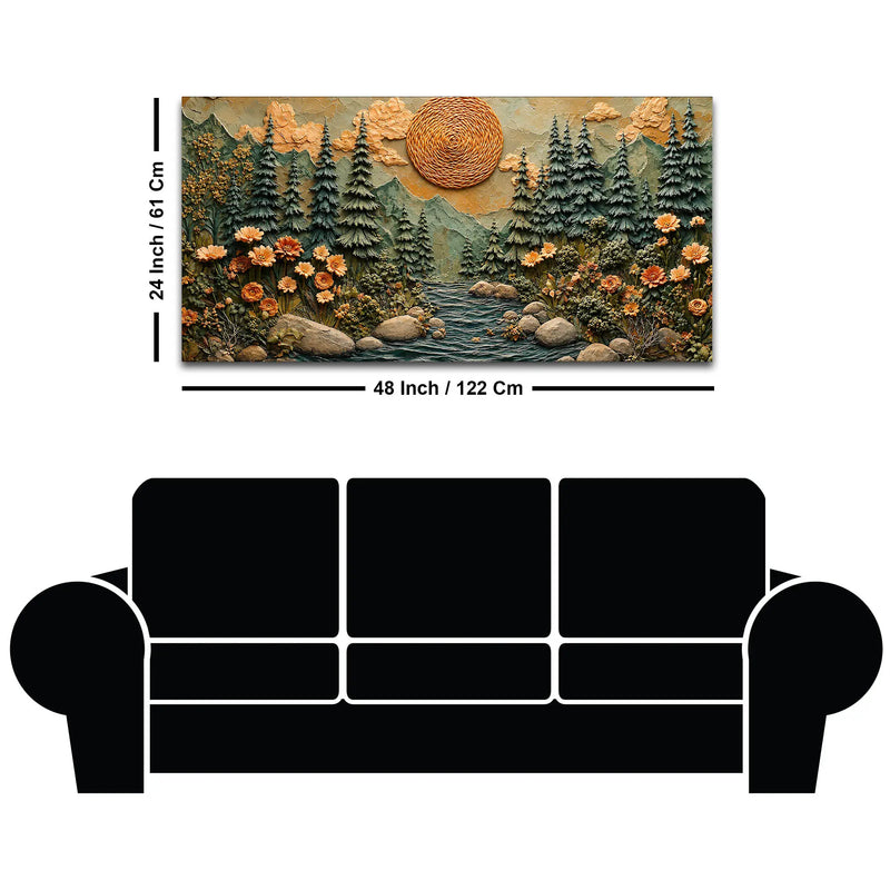 Majestic Pine Forest with Mountain River & Golden Sun 3D Canvas Wall Painting