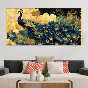 Majestic Royal Peacock in Golden Cloud Canvas Wall Painting
