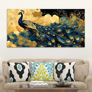Majestic Royal Peacock in Golden Cloud Canvas Wall Painting
