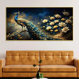 majestic-royal-peacock-in-lotus-garden-under-starlit-canvas-wall-painting