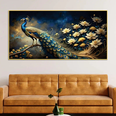 majestic-royal-peacock-in-lotus-garden-under-starlit-canvas-wall-painting