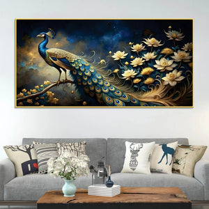 Majestic Royal Peacock in Lotus Garden Under Starlit Canvas Wall Painting